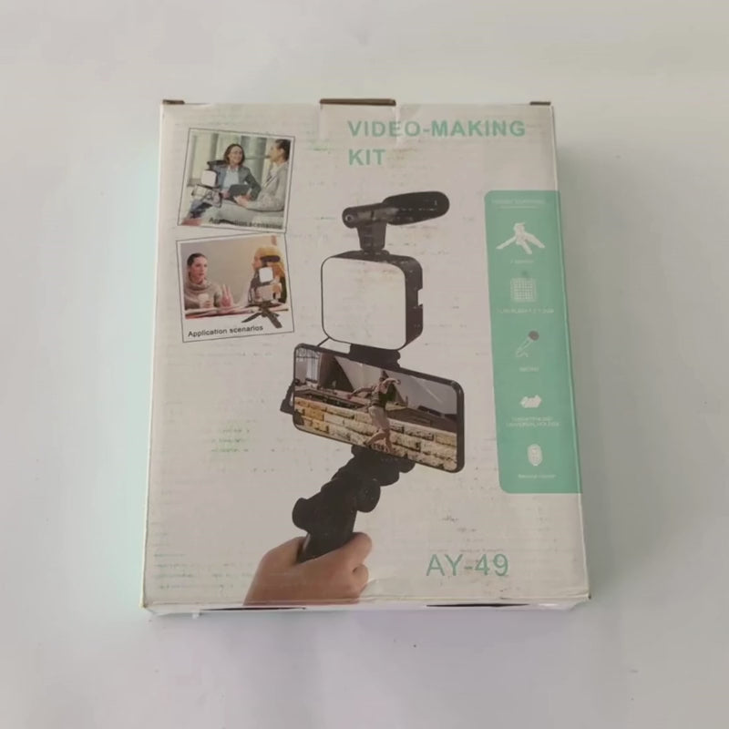 AY-49 Video Making Kit | All-in-One Vlogging Tripod with Wireless Remote, Microphone, LED Light & Mobile Holder